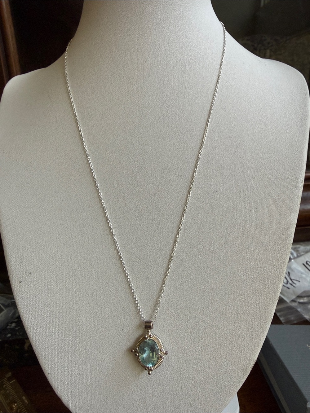 Estate Topaz Blue Pendant Necklace sterling Silver 18” long made in italy